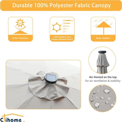 Miniatura 5 de Clihome Sombrilla solar de 9 pies para patio, 32 luces LED, sombrilla solar para patio al aire libre con botón de inclinación y manivela para patio