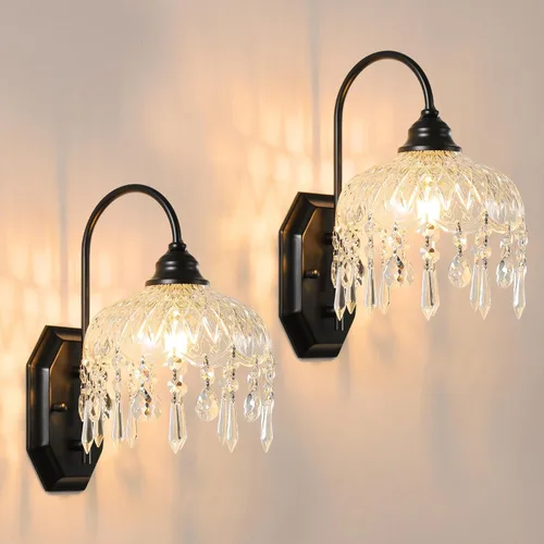 Miniatura 10 de Juego de 2 apliques de pared modernos, cristal de cristal, apliques de níquel para decoración de pared, juego de 2 acabados, para dormitorio, baño