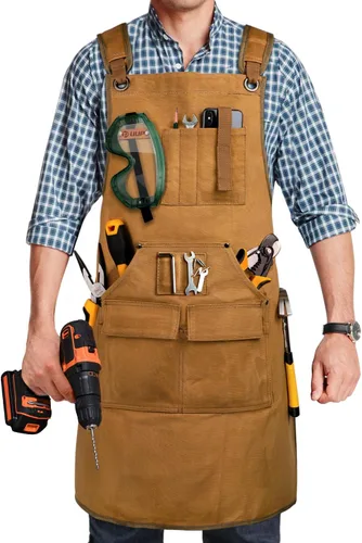 Delantal de carpintería para hombres, delantal de trabajo de lona de 20 onzas con 9 bolsillos para herramientas, delantal de trabajo de madera Caqui