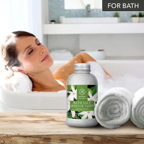 Miniatura 6 de AROMATIKA - Sal de baño Monoi de Tahiti 21.16 oz (600 g) – Aroma de flores de coco y gardenia – Baño relajante – Buen sueño – Aromaterapia – Baño