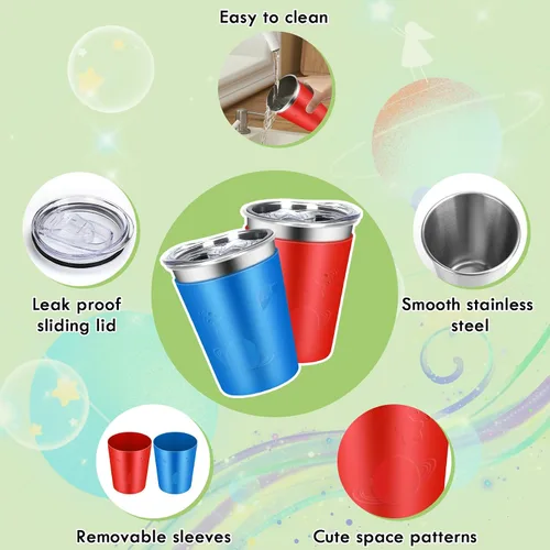 Miniatura 5 de ShineMe Vasos de acero inoxidable para niños, paquete de 2 tazas para niños con tapas y bonitas mangas de personajes espaciales, vasos antiderrames