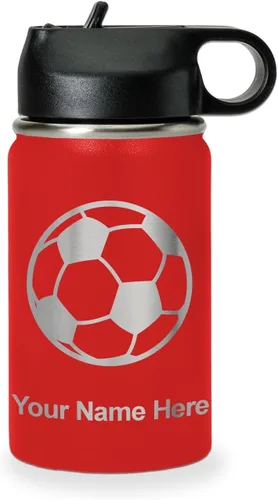 Miniatura 14 de LaserGram Botella de agua personalizada, pelota de fútbol, acero inoxidable de doble pared aislada al vacío con popote superior, regalo grabado