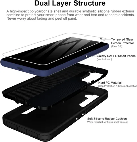 Miniatura 3 de Funda para Samsung Galaxy S21 FE 5G y protector de pantalla de vidrio, cubierta de puerto a prueba de polvo, protección de cuerpo completo, funda