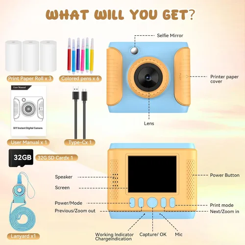 Miniatura 6 de Cámara de impresión instantánea para niños, regalos de cumpleaños de Navidad para niñas y niños, cámara digital de video HD 1080P para niños