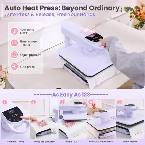 Miniatura 7 de Whubefy Prensa de Calor Automática Giratoria 360° 15x15 - Máquina Profesional Automática de Prensa para Camisetas con Liberación Automática y 7