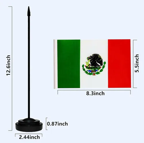 Miniatura 4 de Banderas de México - Juego de banderas mexicanas de escritorio, pequeña bandera de mesa de México con poste negro de 13 pulgadas, base negra y parte