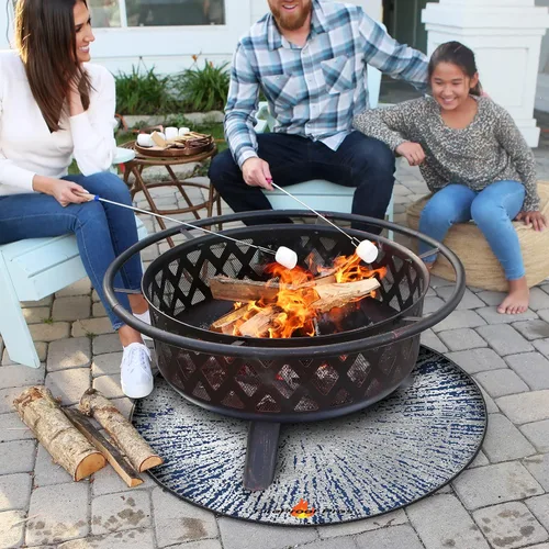 Miniatura 2 de Alfombrilla de fuego de 40 pulgadas con diseño de color azul para debajo de la hoguera. Patrón ignífugo que aísla el calor y protege de las brasas
