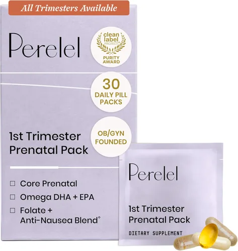 Perelel Paquete prenatal del primer trimestre, multivitamínico con folato, vitamina D, Omega 3, hierro y jengibre, apoyo nutricional para el