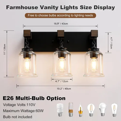 Miniatura 4 de VbiTmn Lámparas de Baño Estilo Granja, Lámpara de Tocador de Baño de 3 Luces Negro Mate, Estilo Industrial con Pantallas de Vidrio Transparente