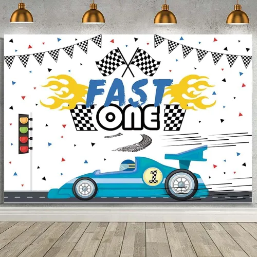 Miniatura 8 de MEHOFOND Fondo de 1er cumpleaños de coche de carreras de 7 x 5 pies, color azul rápido, fiesta de cumpleaños, fotografía de fondo, tema de coche
