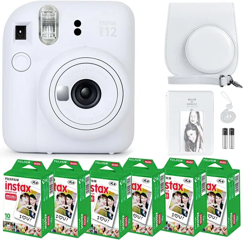 Cámara instantánea Fujifilm Instax Mini 12 en color blanco arcilla y paquete de película Fuji (60 hojas) con accesorios Tiger resistentes, estuche