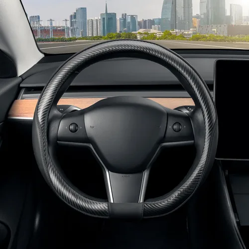 SEG Direct - Cubierta para volante de base plana en forma de D, de 14-14 1/4 pulgadas para Tesla Model 3 / Y, para Camaro, cuero de microfibra negro