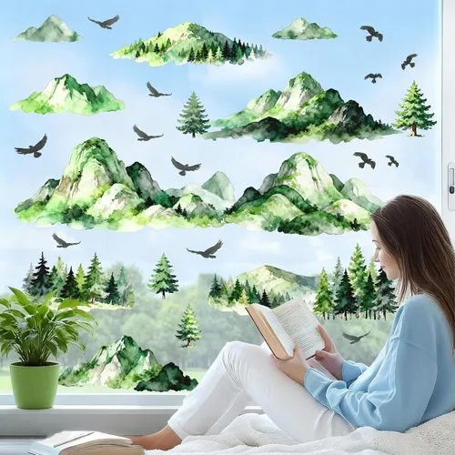 Miniatura 8 de Calcomanías de Pared de Montaña y Árbol Acuarela Calcomanías de Pared de Montaña Despegables y Adhesivas Aves Voladoras Árboles de Pino Verde