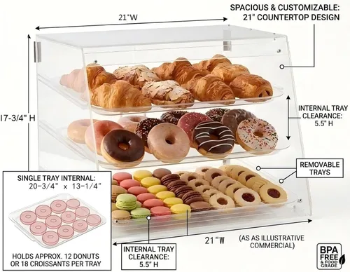 Miniatura 3 de YBSVO vitrina de panadería comercial de 3 niveles, vitrina de repostería de acrílico transparente de 21 pulgadas con bandejas extraíbles, gabinete