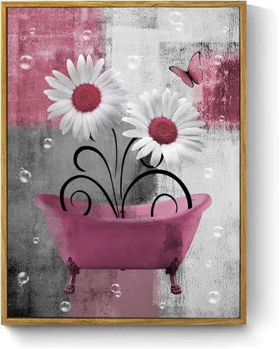 Miniatura 15 de HVEST Arte de pared retro floral morado para sala de estar, casa de campo, margaritas y mariposas en lienzo geométrico abstracto, arte de pared