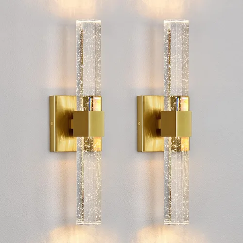 Epinl Juego de dos apliques de pared dorados, iluminación de pared LED regulable de 14 W, lámpara de baño con cristal de burbujas, luces de tocador