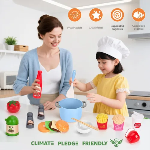 Miniatura 8 de 130 piezas de juego de cocina, ollas y sartenes de juego de simulación para niños pequeños, utensilios de cocina, alimentos diarios, frutas y Azul