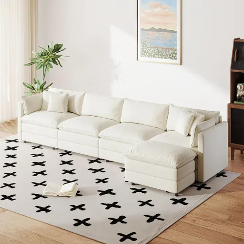 Miniatura 58 de Setawix Sofá Profundo de 3 Plazas con Otomana, Sofás de Nube en Forma de L de 112.2" para Sala de Estar, Sofá de Nube de Chenilla con Asiento Café