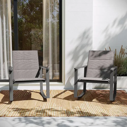 Miniatura 10 de BizChair Juego de 2 mecedoras para exteriores marrones con material Flex Comfort y marco de metal negro