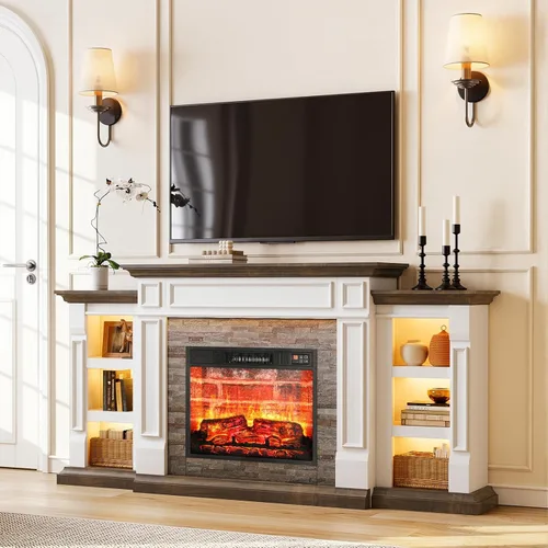 Miniatura 15 de LGHM - Soporte de TV con chimenea de 72 pulgadas para televisores de hasta 80 pulgadas, chimenea eléctrica con repisa, centro de entretenimiento