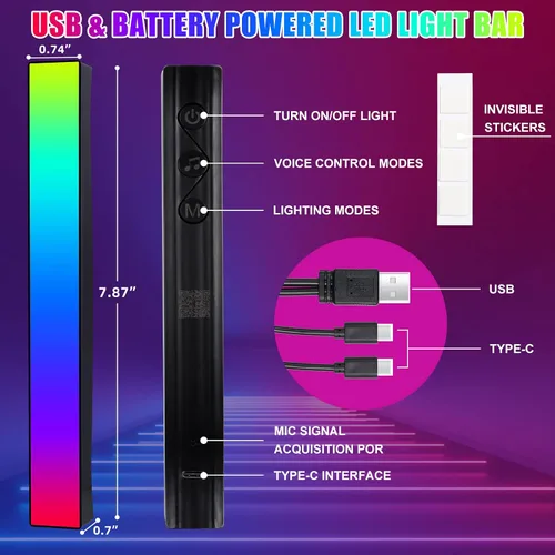 Miniatura 2 de Barra de luz de ritmo alimentada por batería, luces de ritmo de captación de control de sonido RGB, control por aplicación, luces LED de nivel