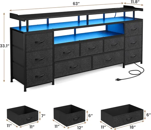 Miniatura 3 de ADORNEVE Soporte de TV para TV de 65 pulgadas, mesa consola de TV de 63" de ancho con luces LED y estación de carga, cómoda larga con 11 cajones