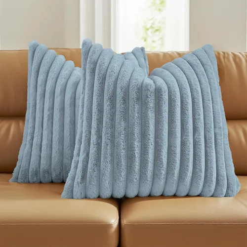 Miniatura 64 de FUTEI - Juego de 2 fundas de almohada decorativas con rayas, cuadradas, para invierno, piel sintética de conejo suave y acogedora y respaldo