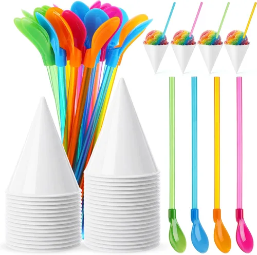 Miniatura 8 de FoldTier 20 tazas reutilizables de cono de nieve de 6 onzas con 20 cucharas de plástico multicolor de 9.3 pulgadas, suministros de hielo afeitado a