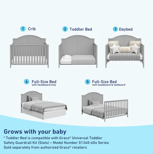 Miniatura 4 de Graco Wilfred - Cuna convertible 5 en 1 (gris pajarita) – Certificado GREENGUARD Gold, se convierte en cama para niños pequeños y cama
