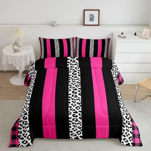 Miniatura 24 de Juego de edredón Manfei Leopardo Rosa Tamaño Individual, Juego de ropa de cama con estampado de cebra negro y blanco 2 piezas para decoración
