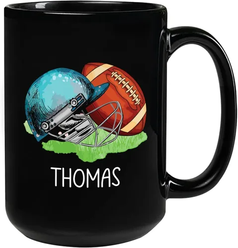 Taza de café de fútbol americano con nombre personalizado, regalo de fútbol personalizado, porcelana negra 11oz y 15oz