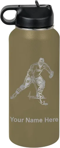 Miniatura 67 de LaserGram Botella de agua personalizada, jugador de hockey, acero inoxidable de doble pared aislada al vacío con popote superior, regalo grabado