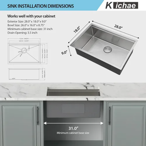 Miniatura 8 de Kichae 28 Fregadero de Cocina Empotrado de Acero Inoxidable - Fregadero de 28x18 Pulgadas con Repisa de Estación de Trabajo de Acero Inoxidable