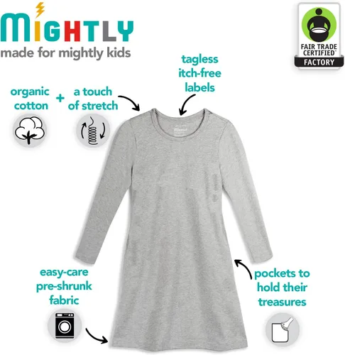 Miniatura 3 de Mightly Vestido de camiseta básico de manga larga para niña, 95% algodón orgánico, colorido vestido de camiseta para niños, escuela, fiestas