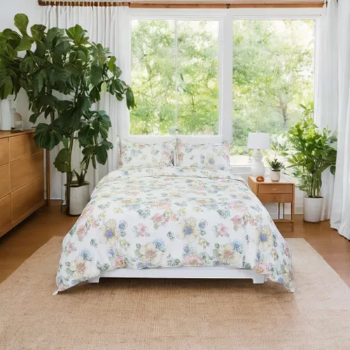 Miniatura 40 de Helthep - Juego de funda de edredón floral, tamaño Queen, 100% algodón, con patrón de flores rosas, funda de edredón vintage con hojas verdes