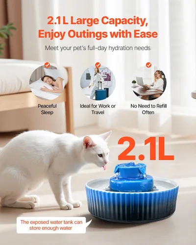 Miniatura 2 de VEVOR - Fuente de agua de cerámica para gatos, fuente de agua VEVOR de 2.1L/71 onzas, dispensador de agua de porcelana, bomba ultrasilenciosa, área