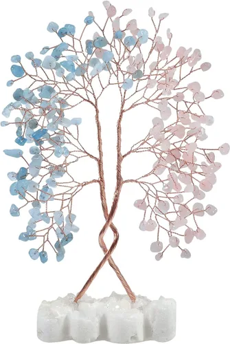 SUNYIK Árbol de dinero de cuarzo rosa y aguamarina con base de cuarzo de roca de doble corazón, hecho a mano, envuelto en alambre, árbol de la vida,