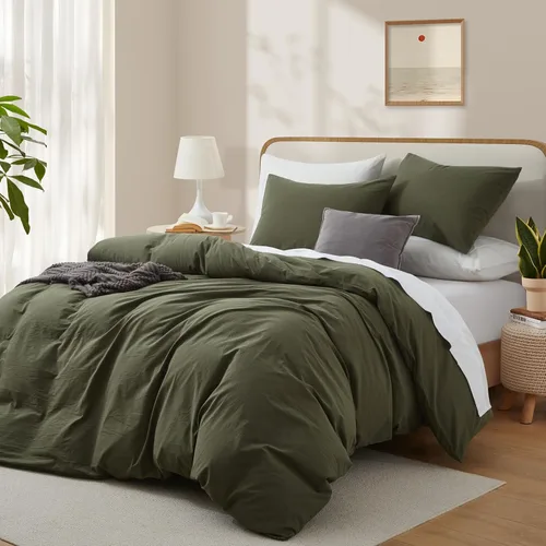 Miniatura 2 de LOVQUE Funda de edredón de algodón verde oliva, tamaño King, juego de ropa de cama natural similar al lino con cierre de cremallera (sin edredón)
