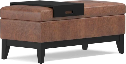 Miniatura 7 de SIMPLIHOME Oregon - Banco otomano de almacenamiento con bandeja, banco otomano rectangular de cuero vegano de 42 pulgadas de ancho, color marrón