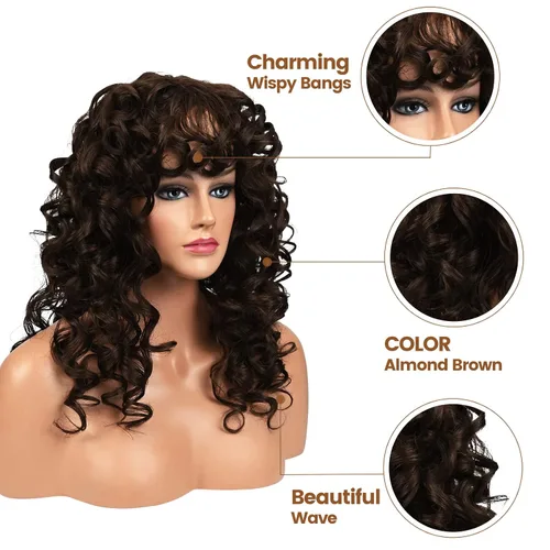 Miniatura 2 de Flufymooz Peluca rizada con flequillo para mujeres negras, 20 pulgadas, color marrón nogal, peluca de pelo largo, rizos con flequillo ondulado