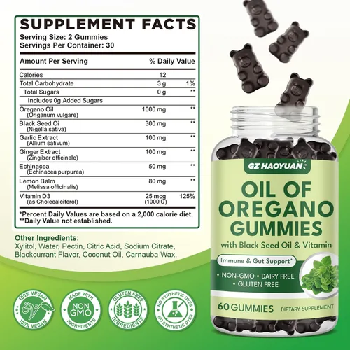 Miniatura 2 de Gomitas de aceite de orégano con aceite de semilla negra + vitamina D3, aceite de orégano orgánico de alto carvacrol, apoyo inmunológico
