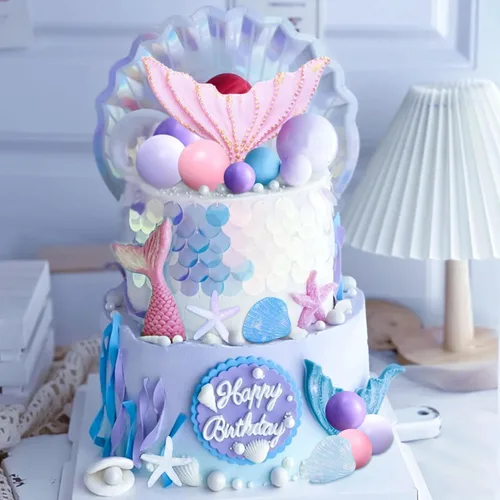 Miniatura 6 de JeVenis Decoración de pastel de sirenita rosa púrpura bajo el mar, decoración de tarta de cola de sirena de conchas marinas, suministros de fiesta