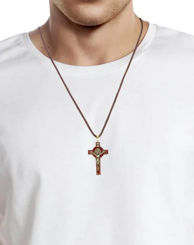 Miniatura 3 de Catholica Shop Collar con medalla de San Benito de madera con crucifijo en cordón para hombres y mujeres – Colgante religioso hecho a mano