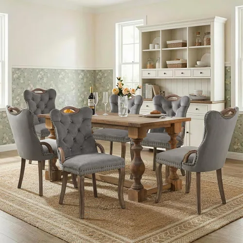 Miniatura 102 de SoarFlash Juego de 2 sillas de comedor de tela de lino, sillas de comedor tapizadas con ribete de cabeza de clavo y patas de madera de color claro