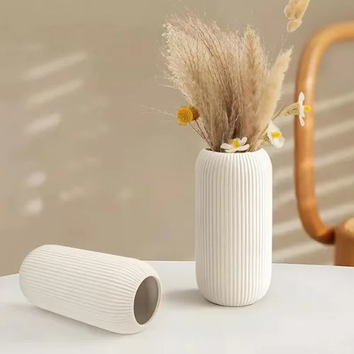 Miniatura 3 de Jarrón de cerámica para flores – Jarrón moderno pequeño con textura acanalada para decoración del hogar, hierba de pampas, decorativo, estilo Blanco