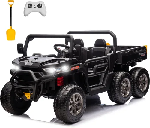sopbost Camión de paseo para niños de 2 plazas de 24 V con cama volquete eléctrica, 4WD funciona con batería con control remoto, reproducción de