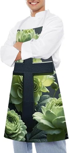Miniatura 4 de MUSM Apron for Adults - 27.6 X 31.5 Inch, Heavy-Duty Polyester Aprons with Two Large Pockets, Waterproof Black Cross Among Green Flowers Kitchen