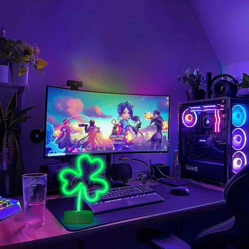 Miniatura 5 de ENUOLI Luces de Letreros LED de Neón con Forma de Trébol Verde, Luz Nocturna de Neón Alimentada por USB y Batería, Lámpara Nocturna, Mejores Luces
