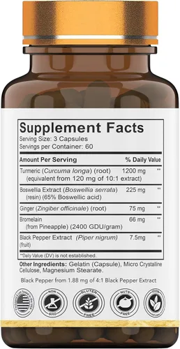 Miniatura 2 de tnvitamins Complejo de cúrcuma y boswellia (180 cápsulas) con raíz de jengibre, bromelina y extracto de pimienta negra Fórmula Joint-Easy: Potente