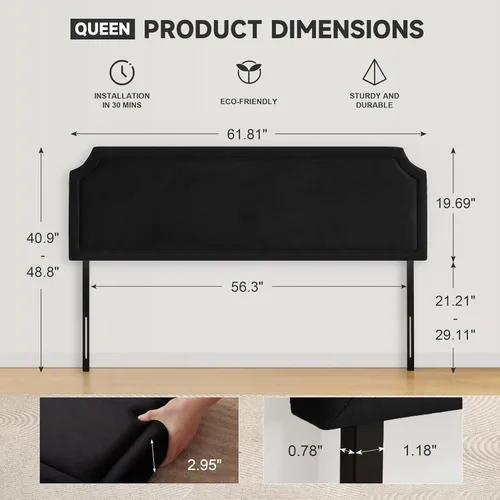 Miniatura 2 de Howjoe - Cabecera de terciopelo Queen, cabecera tapizada tamaño Queen, cabeceras de tela con patas de metal duraderas de 41" a 49" de altura, Negro